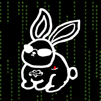 White rabbit in front of black background with neon green hash values (reference to the matrix movies)